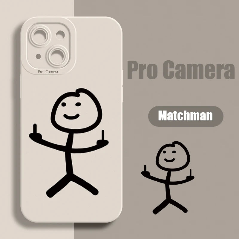 Cartoon Matchman Phone Case for iPhone 11 12 13 14 15 Pro Max XR XS X 7 8 Plus SE 2020 - Shockproof Matte Soft TPU Silicone Cover