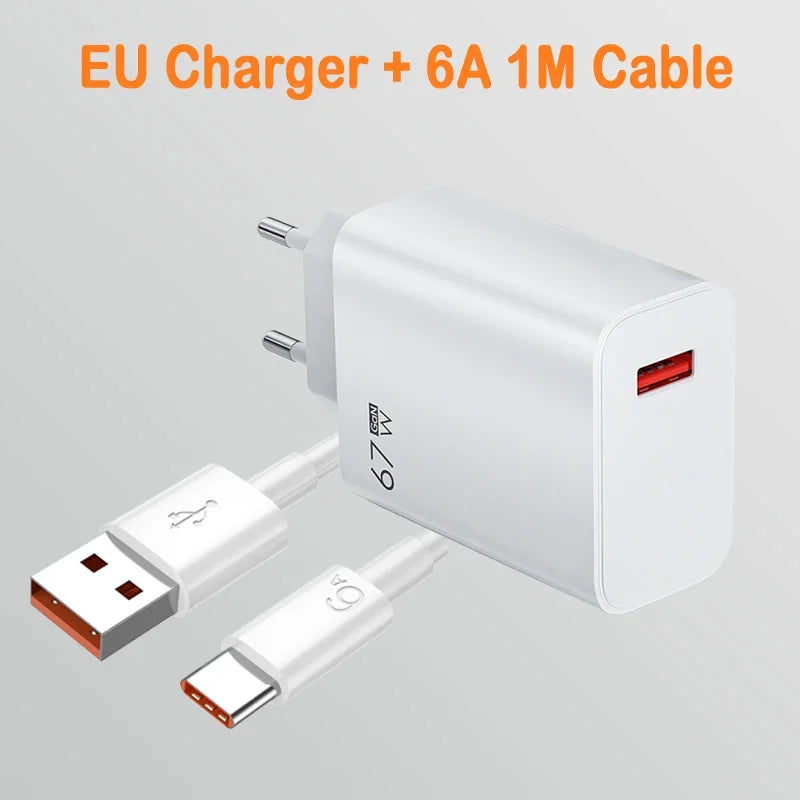 67W USB Fast Charging Wall Charger Power Adapter 6A Type C Cable For Xiaomi Redmi Note11 Mobile Phone Quick Charging Accessories