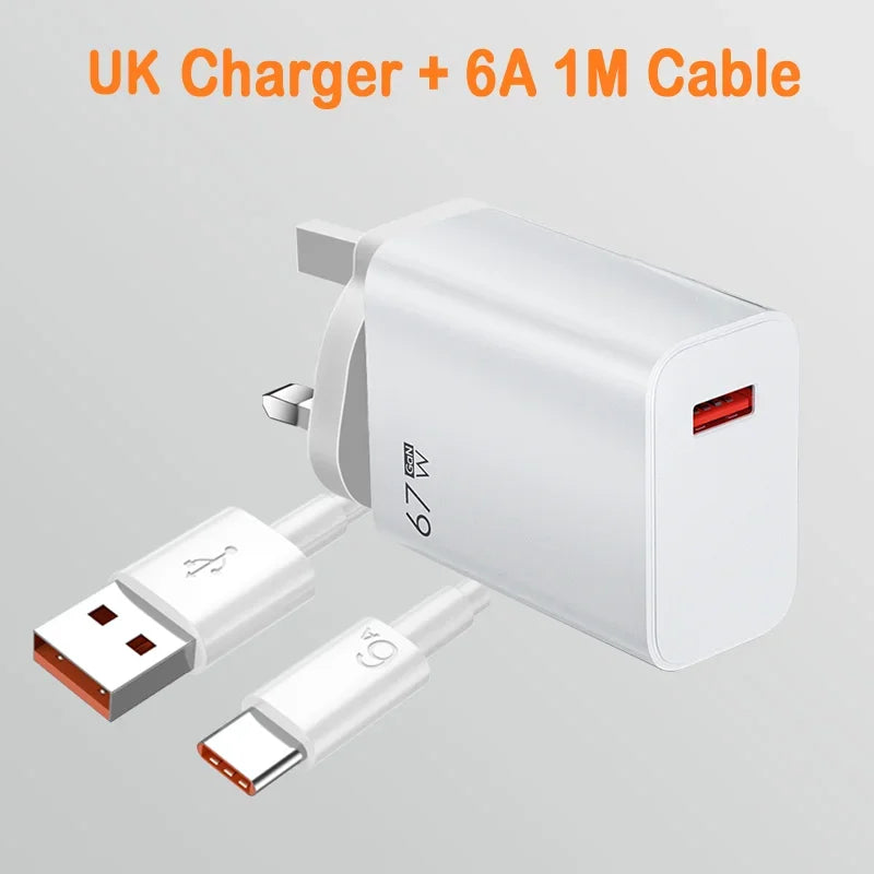 67W USB Fast Charging Wall Charger Power Adapter 6A Type C Cable For Xiaomi Redmi Note11 Mobile Phone Quick Charging Accessories