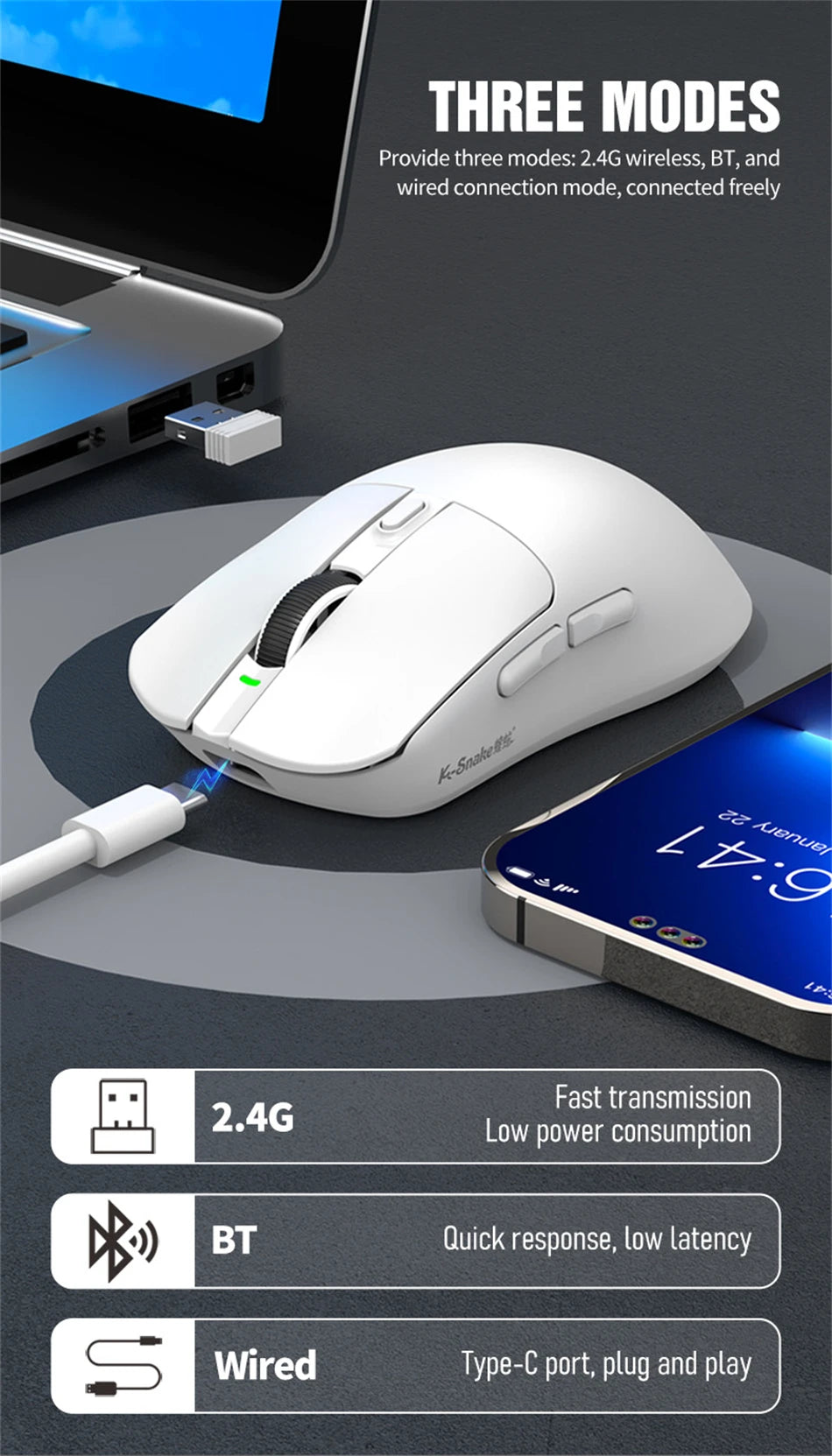 K-Snake X11 Wireless Mouse,Bluetooth/2.4G/wired Tri-Mode Mouse ,PAW3311 RGB Magnetic charging dock Gaming Mouse