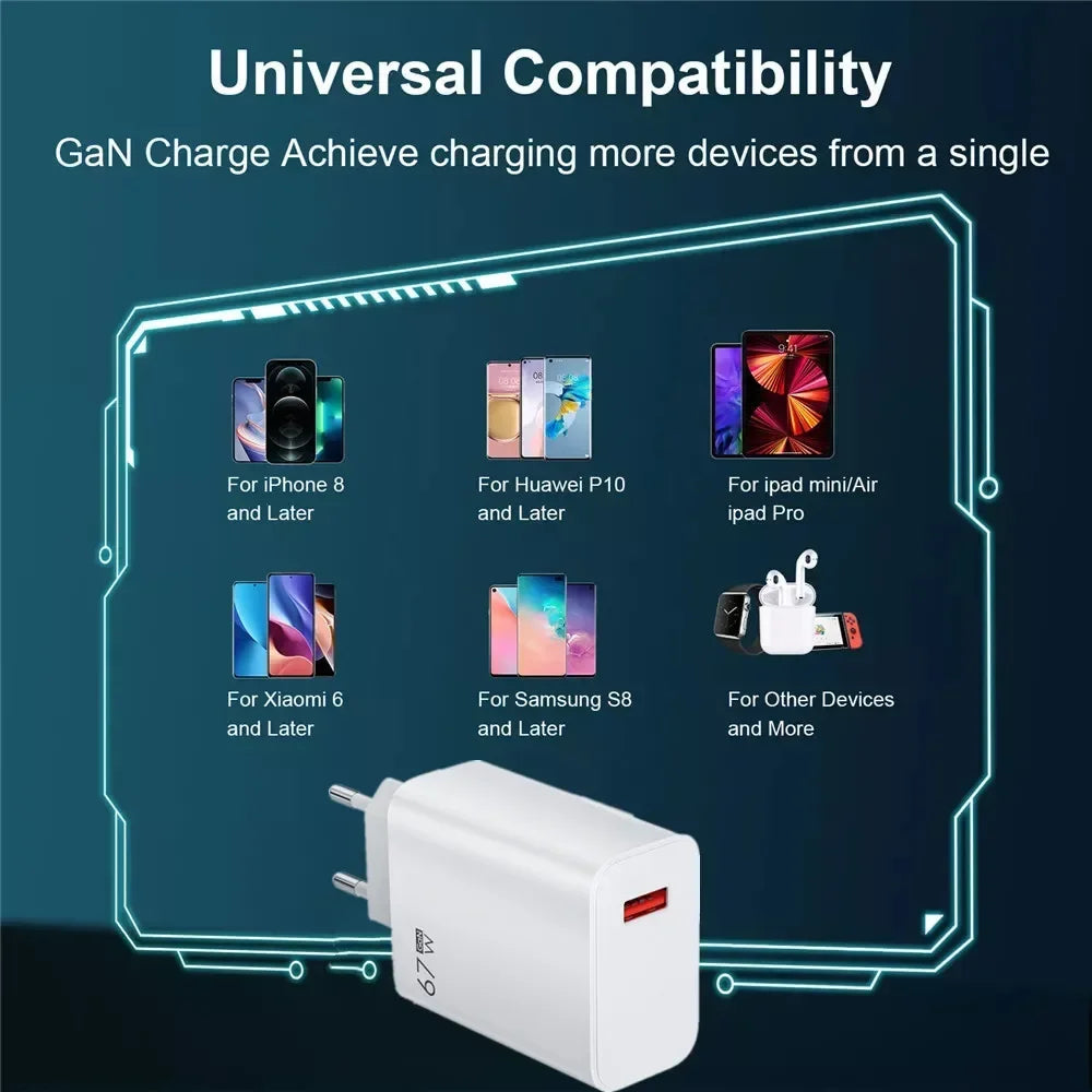 67W USB Fast Charging Wall Charger Power Adapter 6A Type C Cable For Xiaomi Redmi Note11 Mobile Phone Quick Charging Accessories