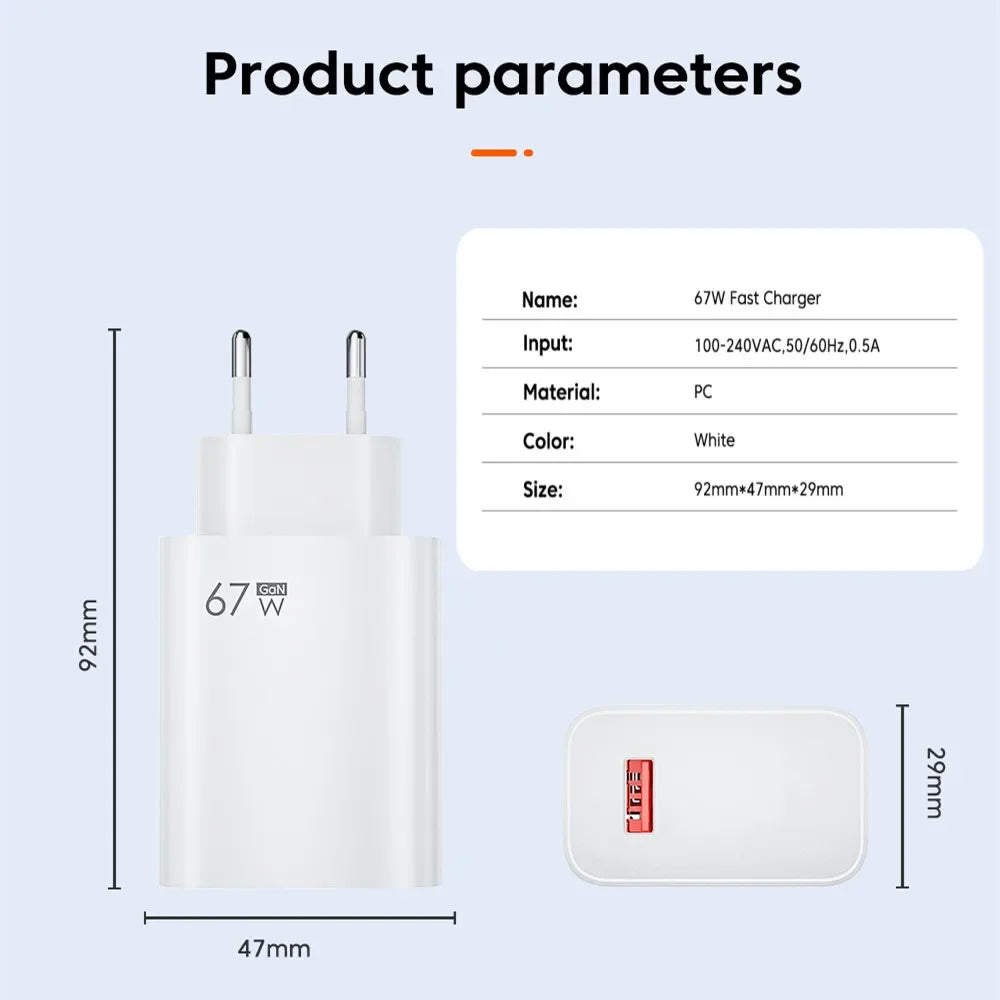 67W USB Fast Charging Wall Charger Power Adapter 6A Type C Cable For Xiaomi Redmi Note11 Mobile Phone Quick Charging Accessories