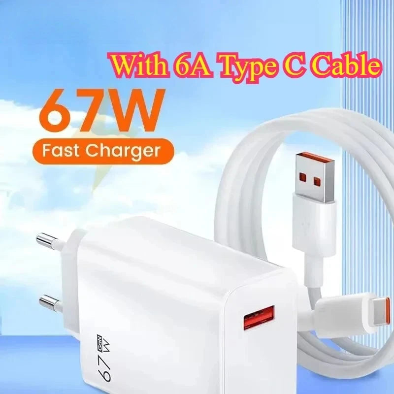 67W USB Fast Charging Wall Charger Power Adapter 6A Type C Cable For Xiaomi Redmi Note11 Mobile Phone Quick Charging Accessories