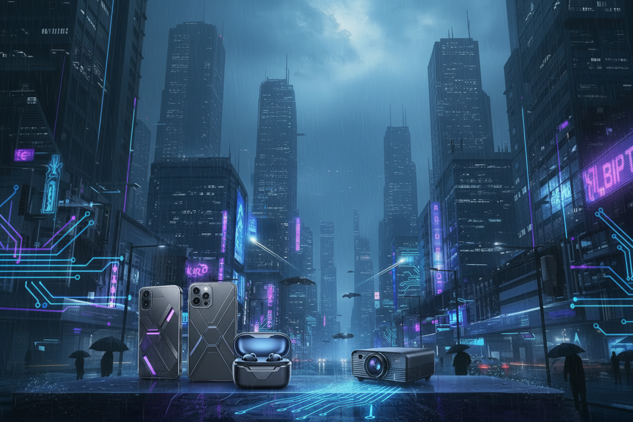Dark Moody Tech Cityscape with Products